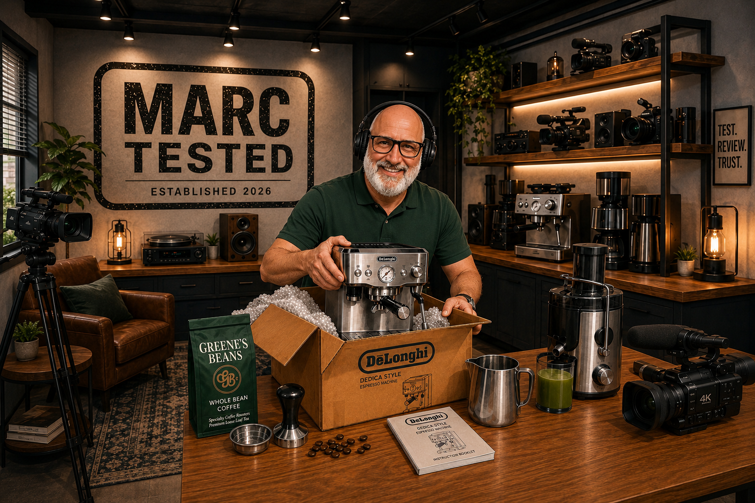 Illustrated depiction of the Marc Tested workspace: a desk with camera gear, coffee equipment, and a product box.